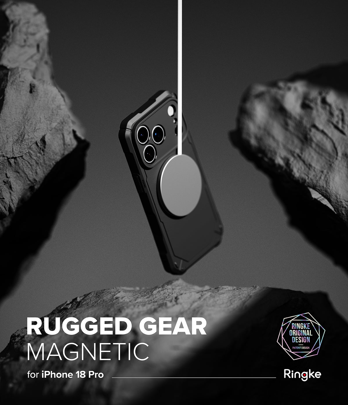 iPhone 18 Pro Case | Rugged Gear Magnetic - A black rugged phone case with a circular magnetic ring is shown floating between dark rock formations. Text at the bottom reads 'RUGGED GEAR MAGNETIC for iPhone 18 Pro' with the Ringke logo, and a white vertical line extends from the magnetic ring.