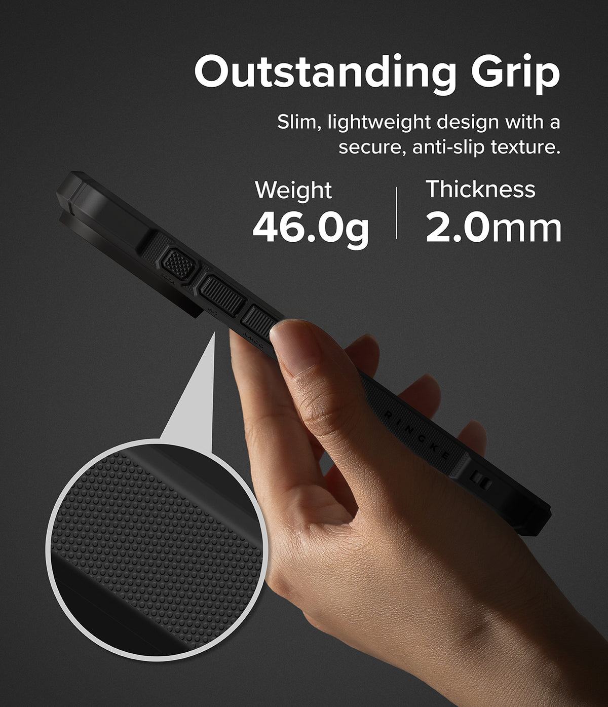 iPhone 18 Pro Case | Rugged Gear Magnetic - A hand holds a slim black protective phone case against a dark gray background, with marketing text reading 'Outstanding Grip' and a circular inset showing the textured grip detail. The text also lists weight as 52.