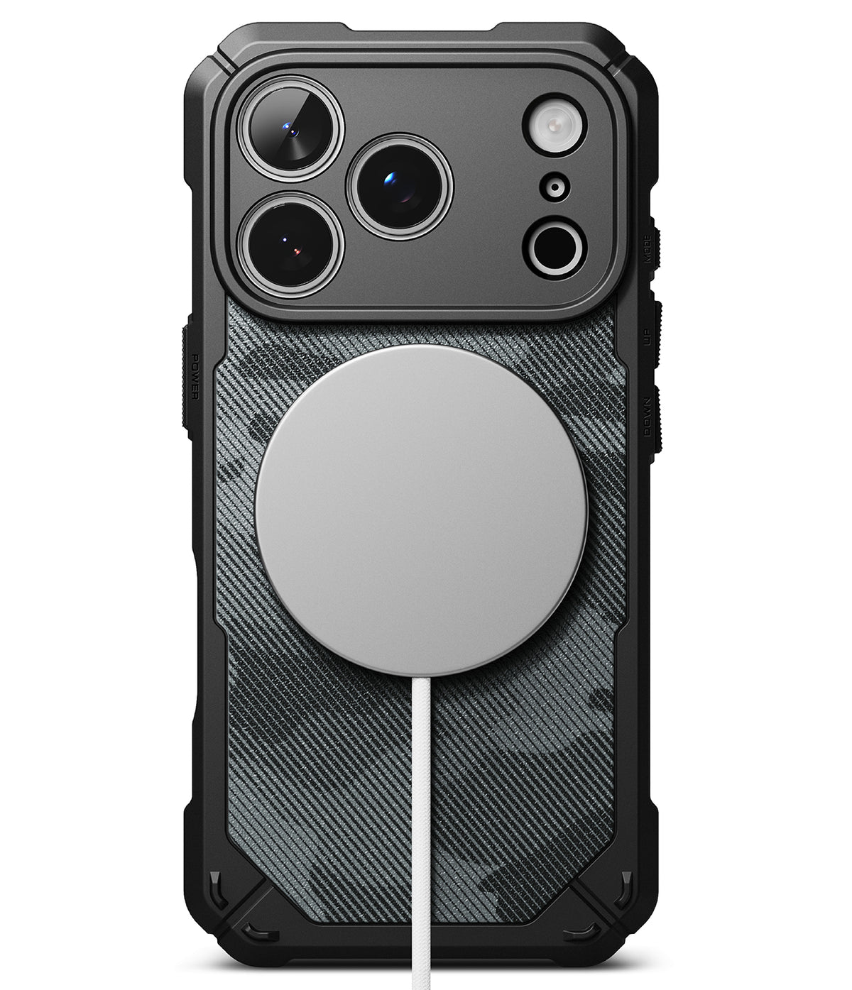 iPhone 18 Pro Case | Rugged Gear Magnetic - A rugged black phone case with a dark gray carbon-fiber-style pattern and a large circular MagSafe-compatible magnetic ring on the back, shown on a white background.