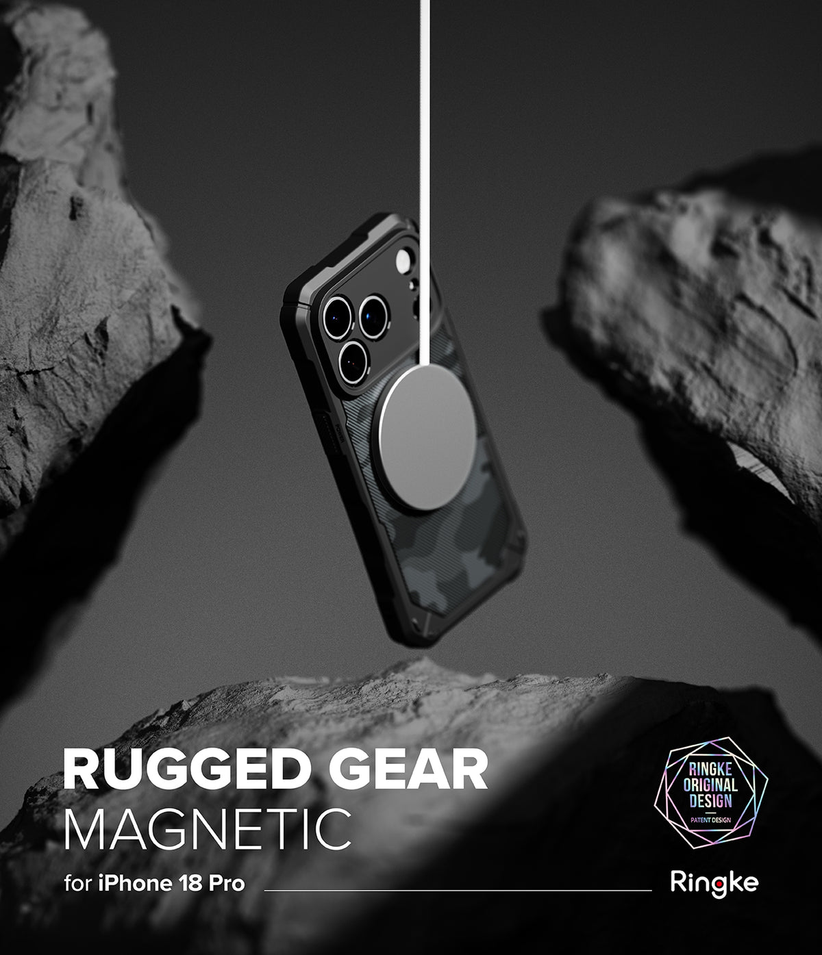 iPhone 18 Pro Case | Rugged Gear Magnetic - A black rugged phone case with a circular magnetic ring is shown floating between dark rock formations. Text at the bottom reads 'RUGGED GEAR MAGNETIC for iPhone 18 Pro' with the Ringke logo, and a white vertical line extends from the magnetic ring.