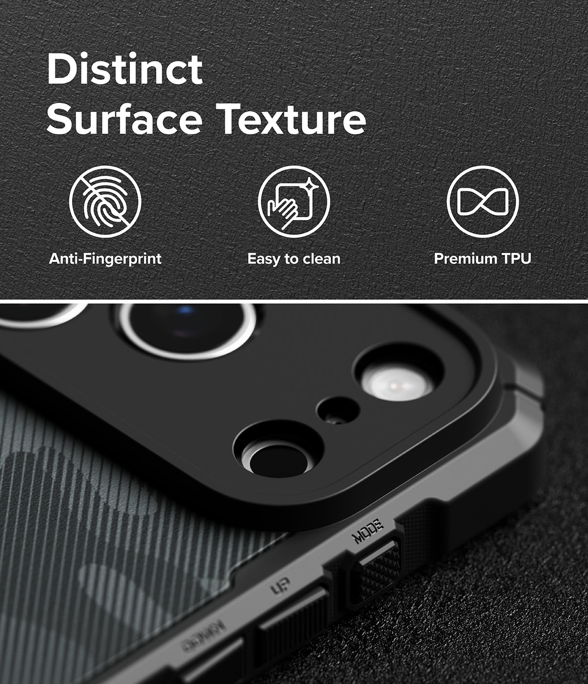 iPhone 18 Pro Case | Rugged Gear Magnetic - Black rugged phone case with a distinct textured surface, featuring a raised camera bezel and a textured back panel, shown with marketing text highlighting anti-fingerprint, easy-to-clean, and premium TPU features.