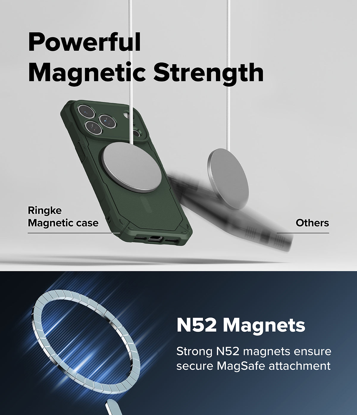 iPhone 18 Pro Case | Rugged Gear Magnetic - Promotional graphic for a dark green magnetic phone case with a silver MagSafe ring, showing the case and a separate MagSafe magnet with text reading 'Powerful Magnetic Strength' and 'N52 Magnets'.