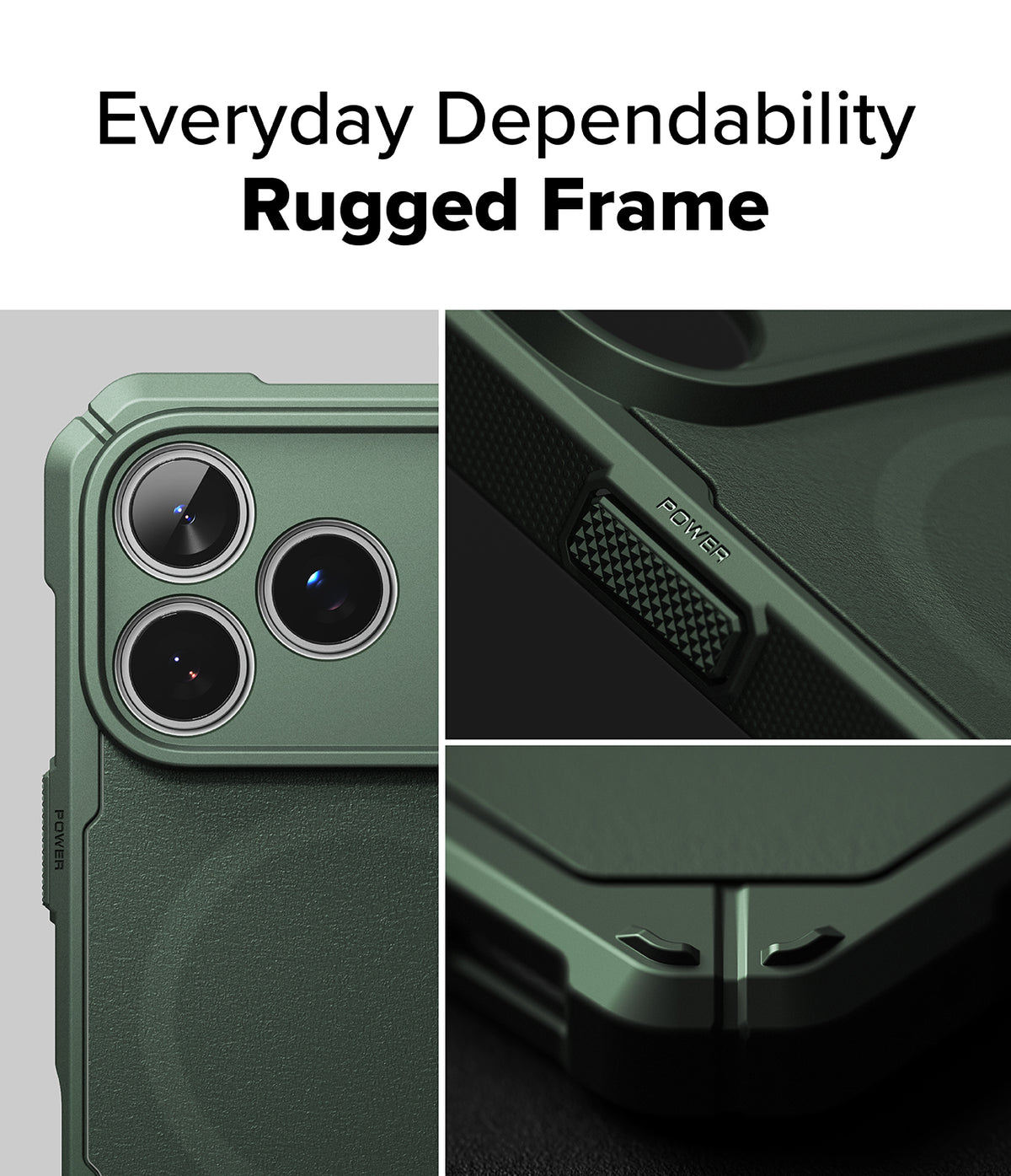 iPhone 18 Pro Case | Rugged Gear Magnetic - A dark green rugged phone case with a textured finish and reinforced camera cutout, shown in a three-panel collage with the text 'Everyday Dependability Rugged Frame' at the top.
