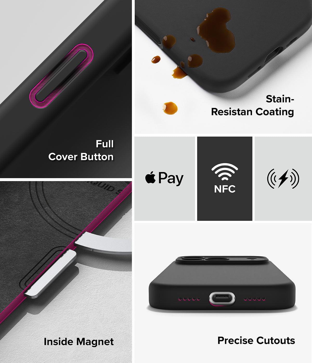 iPhone 18 Pro / Pro Max Case | Silicone Magnetic - A 5-panel product feature collage for a black phone case. The panels show close-ups of the case with text callouts: Full Cover Button, Stain-Resistant Coating with liquid droplets, Inside Magnet, Precise Cutouts, and compatibility icons for Apple Pay, NFC, and wireless charging.