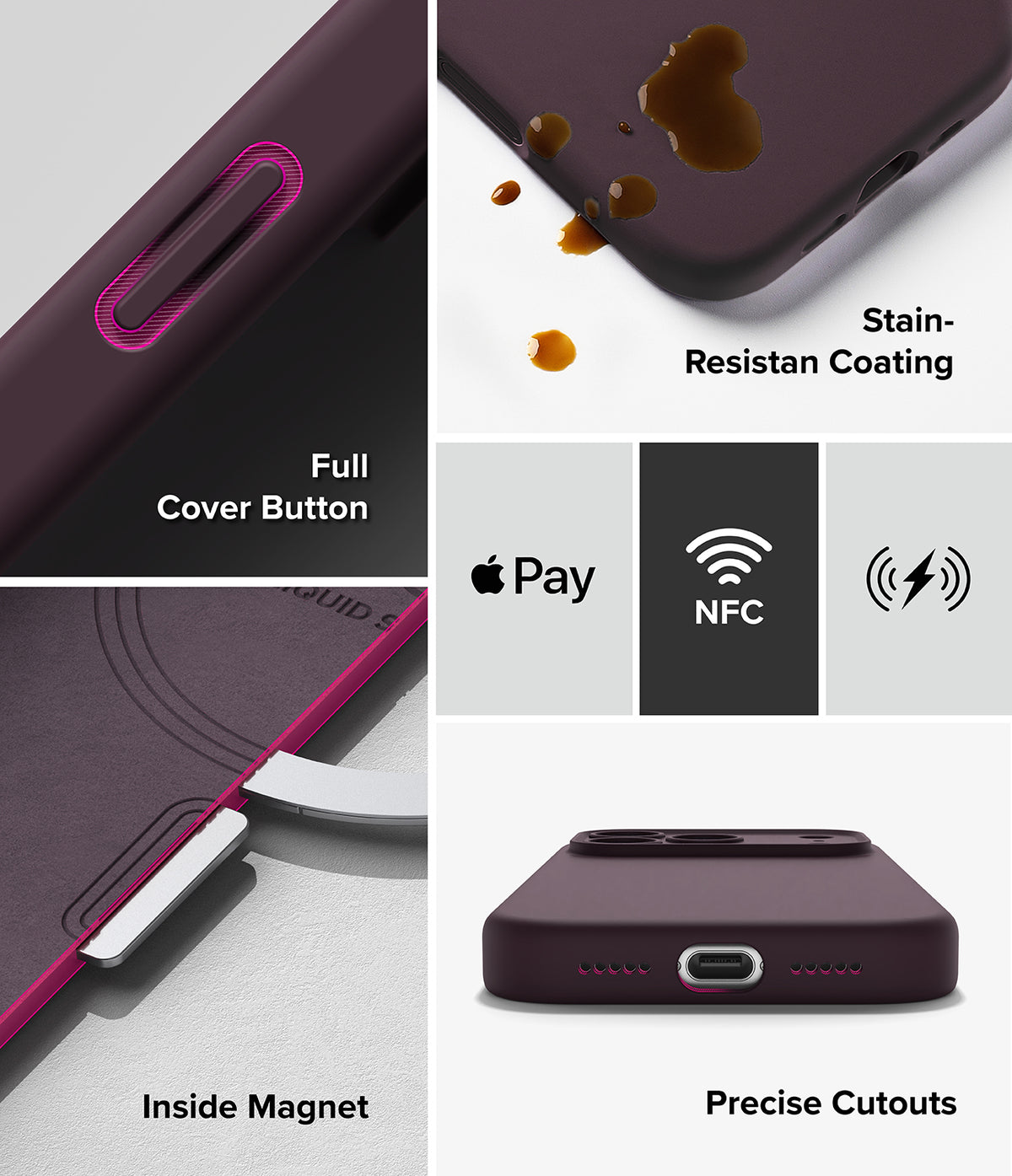 iPhone 18 Pro / Pro Max Case | Silicone Magnetic - A dark purple phone case collage showing product features: a full cover button with a pink accent, stain-resistant coating with liquid droplets, inside magnet detail, and precise cutouts for wireless charging and Apple Pay.