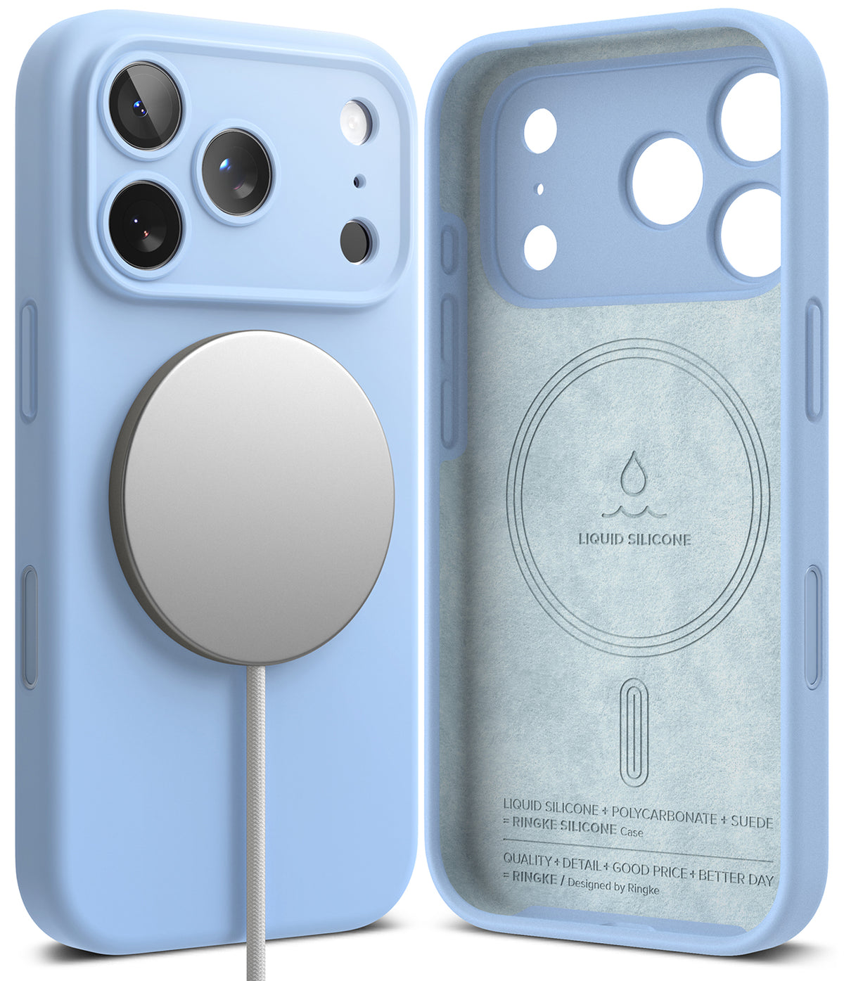 iPhone 18 Pro Case | Silicone Magnetic - A light blue protective phone case shown from the back and back view, featuring a large circular MagSafe-compatible magnetic ring on the back and printed liquid silicone details on the inside.