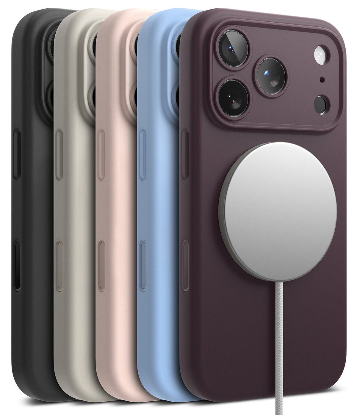 iPhone 18 Pro Case | Silicone Magnetic - Five magnetic phone cases in different colors (black, gray, beige, light blue, and dark purple) are lined up, with the front purple case shown prominently with a white MagSafe ring attached.