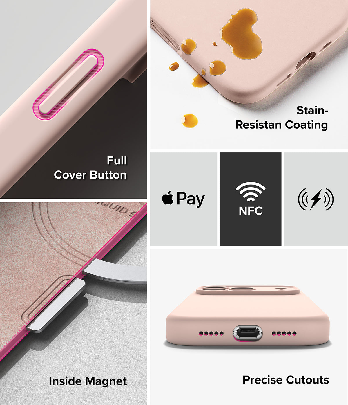 iPhone 18 Pro / Pro Max Case | Silicone Magnetic - A multi-panel product feature graphic for a light pink phone case. The panels show close-ups of the case with text labels: 'Full Cover Button', 'Stain-Resistant Coating' with a liquid spill demonstration, 'Inside Magnet' showing a magnetic clip attachment, 'Apple Pay', 'NFC', wireless charging symbols, and 'Precise Cutouts' showing the bottom port cutout.