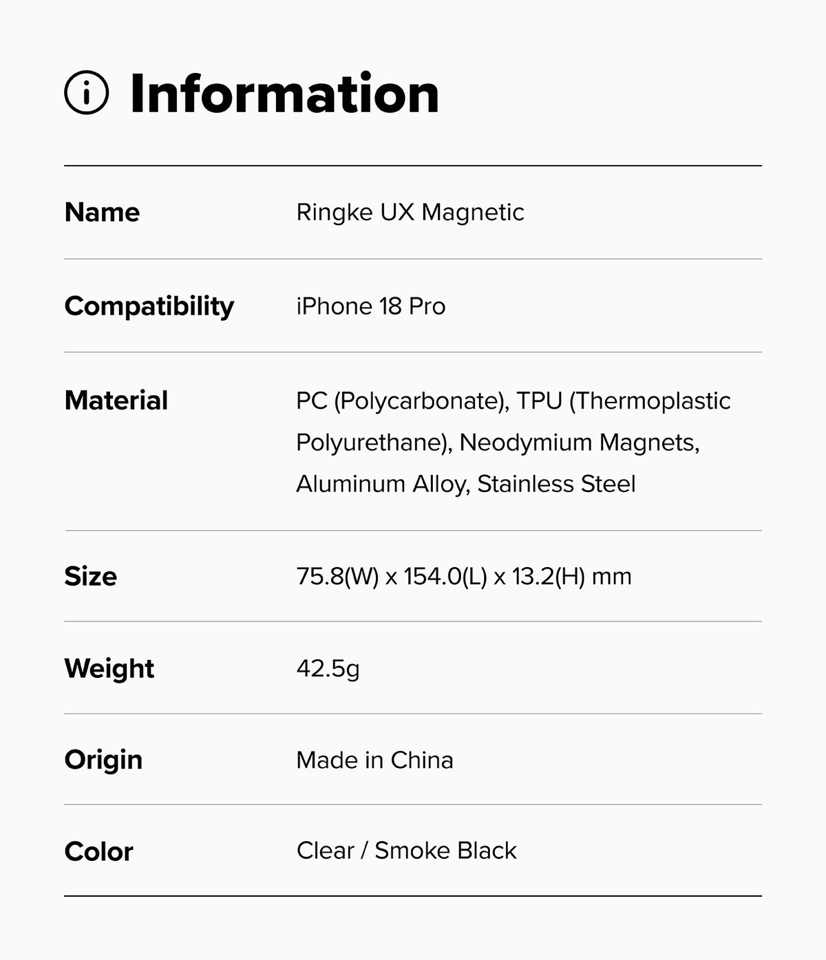 iPhone 18 Pro Case | UX Magnetic - A product information card with a light gray background and black text listing details for a Ringke UX Magnetic compatible with iPhone 18 Pro, including material, size, weight, and origin.