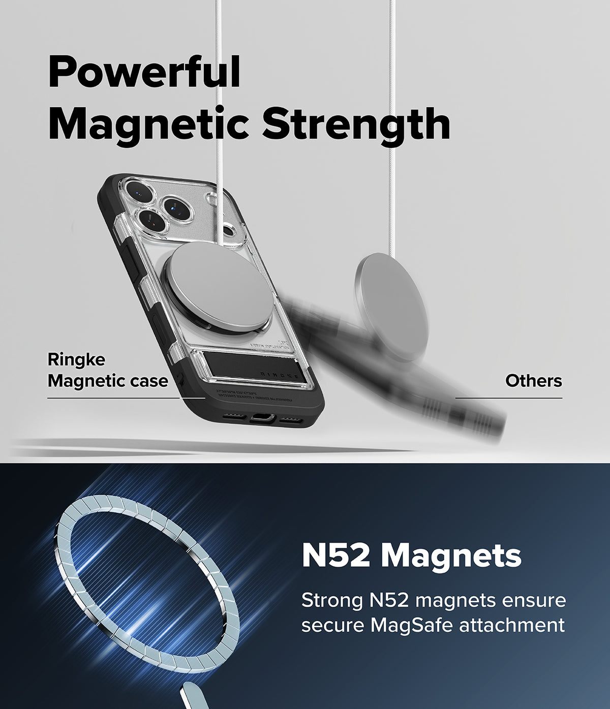 iPhone 18 Pro Case | UX Magnetic - Promotional graphic for a transparent magnetic phone case with a circular MagSafe ring. The top half shows the case on a phone with text reading 'Powerful Magnetic Strength' and labels for 'Ringke Magnetic case' and 'Others'.