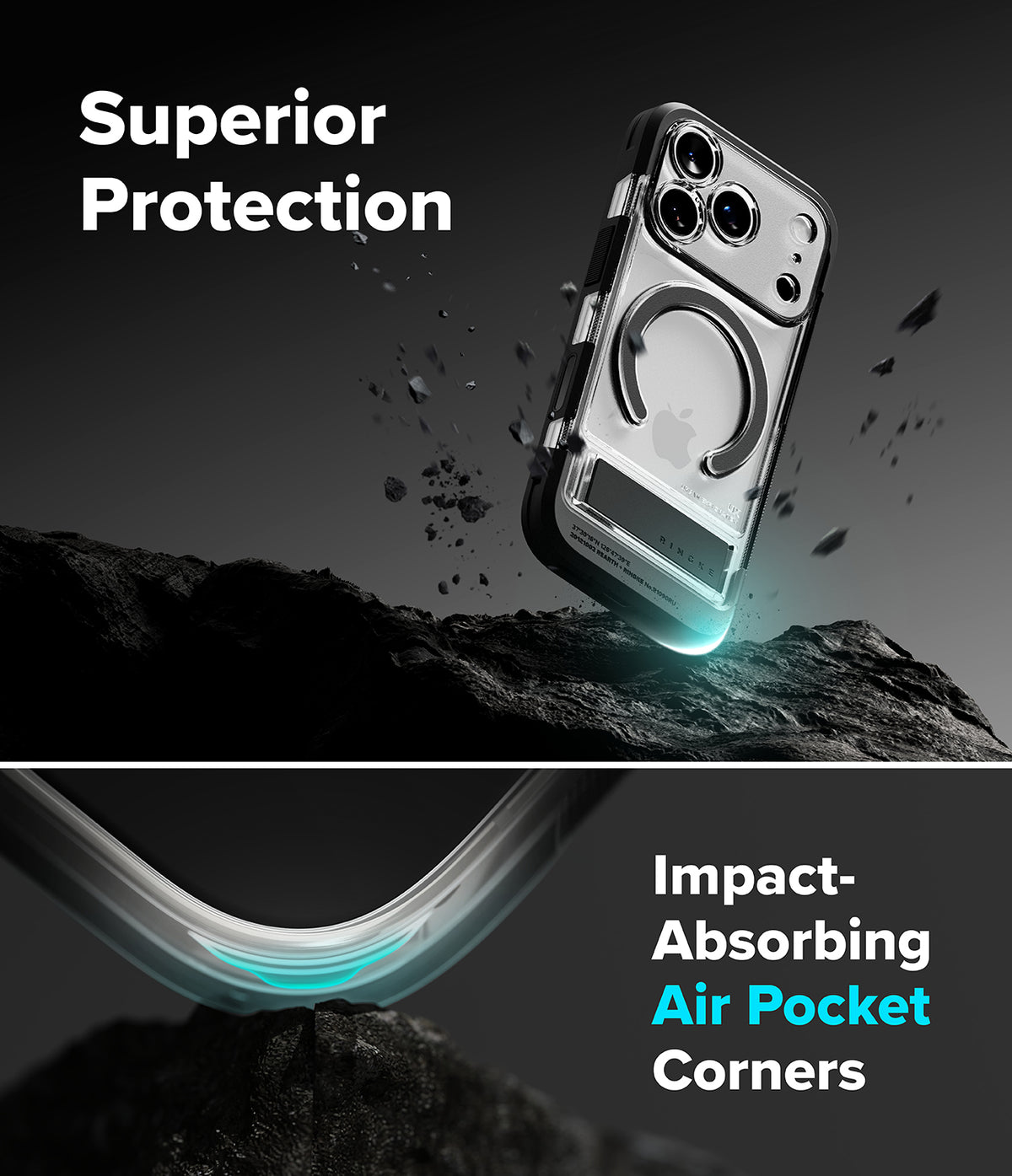 iPhone 18 Pro Case | UX Magnetic - A transparent protective phone case with a circular magnetic ring is shown floating above dark rocky terrain, with marketing text reading 'Superior Protection' and 'Impact-Absorbing Air Pocket Corners.' The image is a promotional composite rather than a plain studio product shot, but it still primarily shows the product itself rather than instructions or a chart.