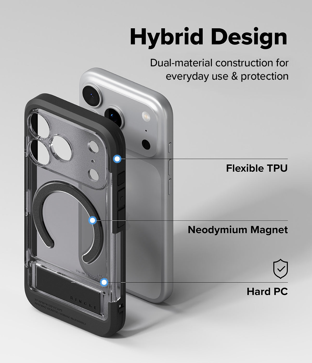 iPhone 18 Pro Case | UX Magnetic - A phone case shown from front and back on a light gray background with text labels reading 'Hybrid Design,' 'Flexible TPU,' 'Neodymium Magnet,' and 'Hard PC.' The case appears transparent smoky gray with a dark gray/black bumper and a circular magnetic ring on the back.