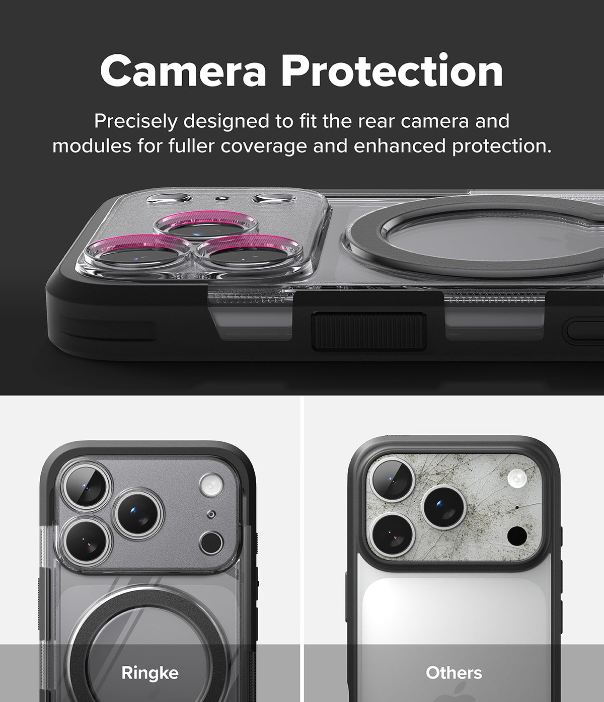 iPhone 18 Pro Case | UX Magnetic - Promotional graphic for a phone camera protection case. The top section shows a clear case fitted over a phone camera area with pink ring light rings visible, under the heading 'Camera Protection.