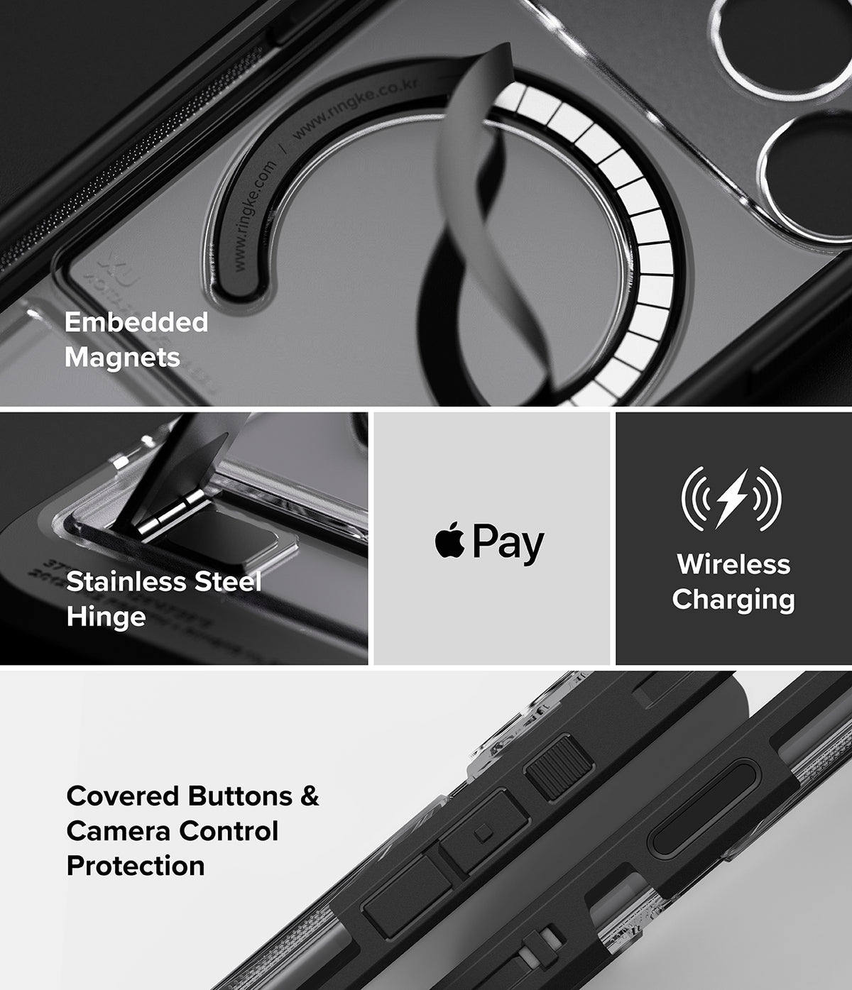 iPhone 18 Pro Case | UX Magnetic - A close-up promotional collage of a black smartphone case with feature callouts: embedded magnets, stainless steel hinge, wireless charging, and covered buttons and camera control protection. The Apple Pay logo is visible, but this appears to indicate compatibility rather than the product brand itself.