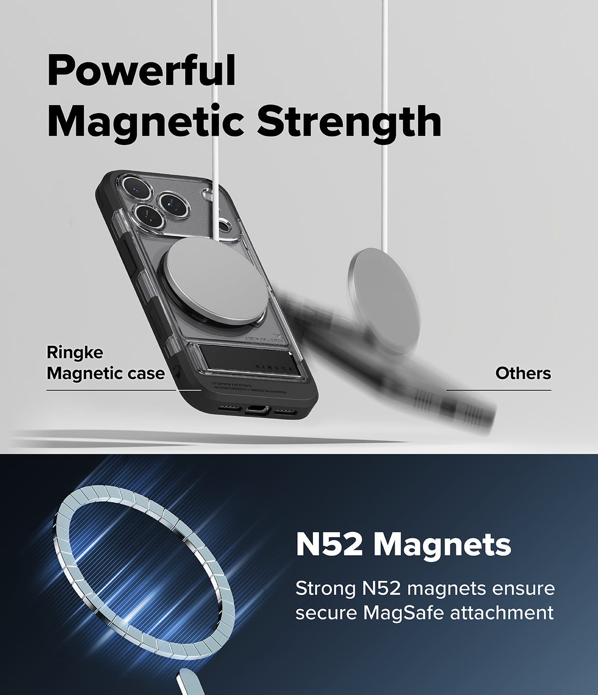 iPhone 18 Pro Case | UX Magnetic - Promotional graphic for a magnetic phone case showing a black Ringke magnetic case with a circular MagSafe ring, alongside blurred comparison magnets and text reading 'Powerful Magnetic Strength' and 'N52 Magnets'.