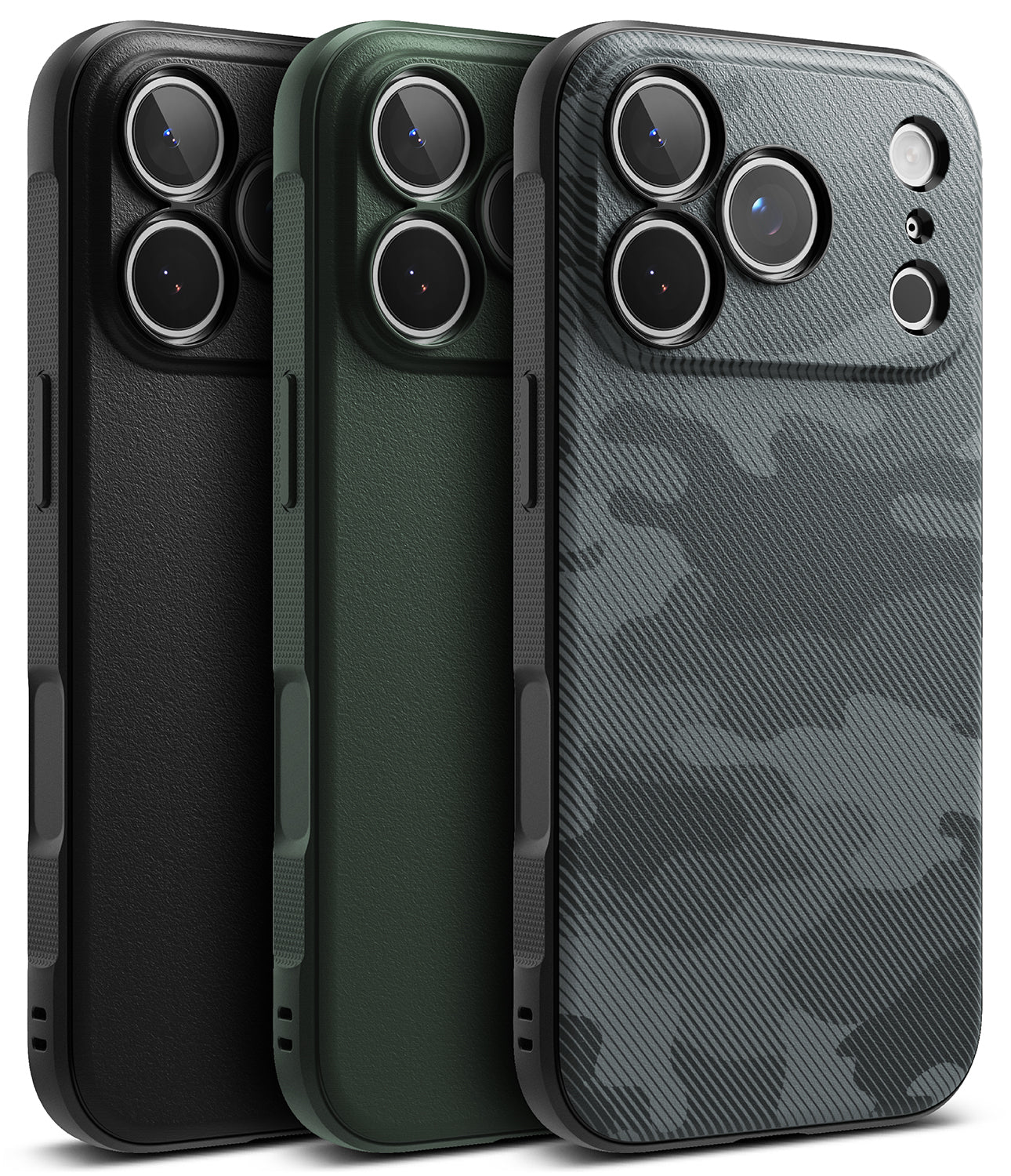 iPhone 18 Pro Max Case | Onyx - Three smartphone cases shown from the back in a studio render: a matte black case, a dark green case, and a dark gray carbon-fiber-style camouflage case. The cases are arranged overlapping on a plain white background.