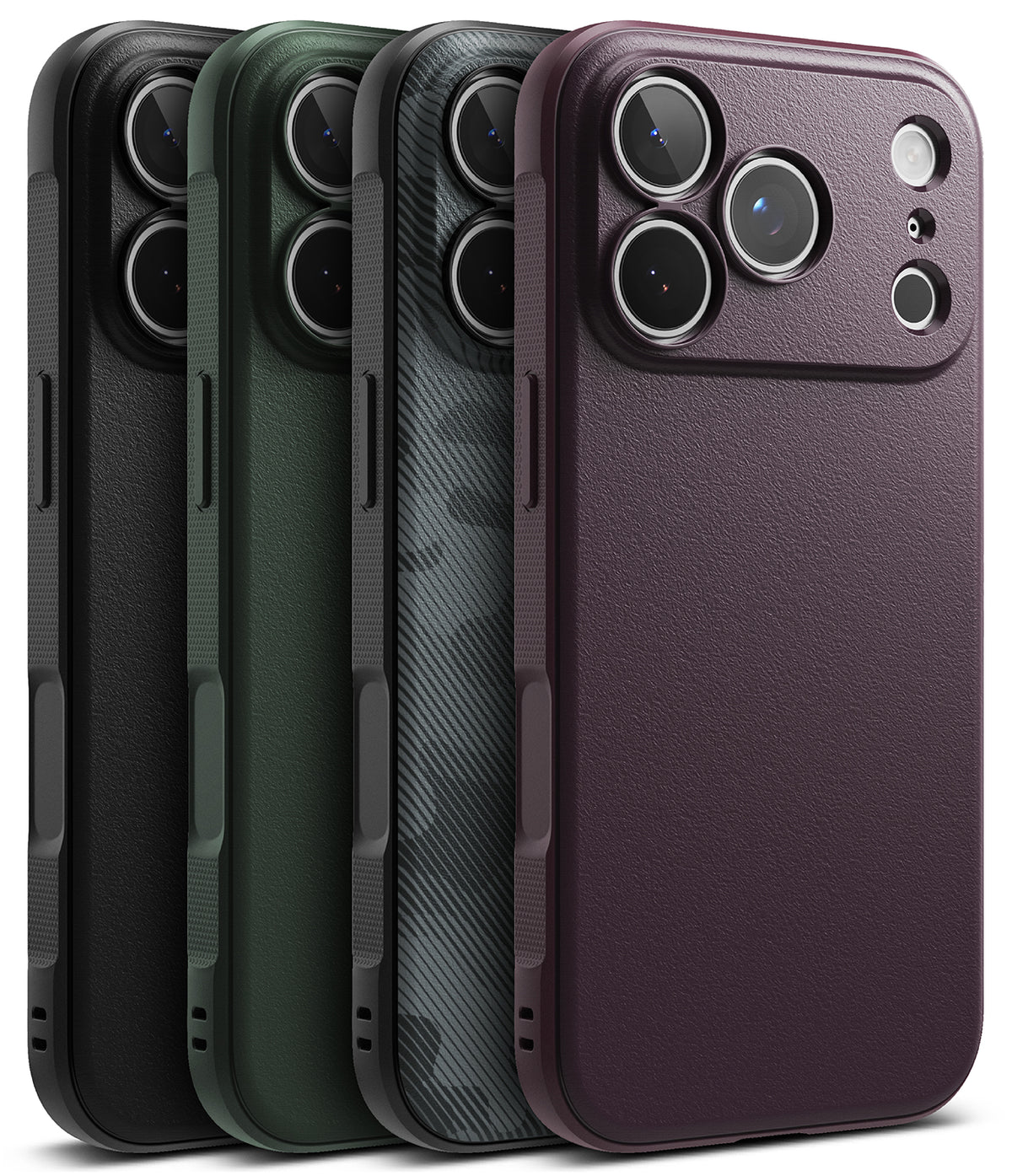 iPhone 18 Pro Max Case | Onyx - Three smartphone cases shown from the back in a studio render: a matte black case, a dark green case, and a dark gray carbon-fiber-style camouflage case. The cases are arranged overlapping on a plain white background.