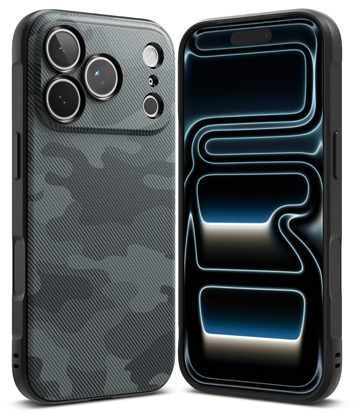 iPhone 18 Pro Max Case | Onyx - Two views of a black phone case with a dark gray carbon-fiber-style pattern on the back, shown on a white background. The left view shows the case installed on a phone with a triple-camera cutout, and the right view shows the back of the case with a glossy black finish and a blue-and-white abstract graphic overlay.