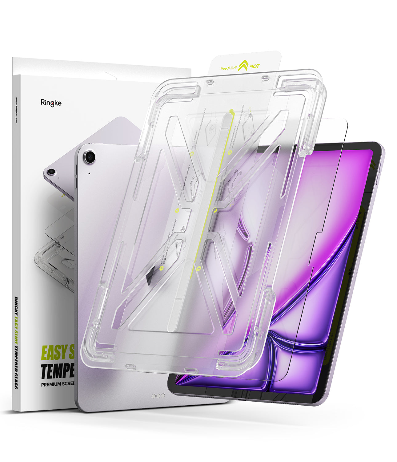 Easy Slide Tempered Glass | iPad - A clear installation frame hovering over an iPad with a purple screen and its retail box.