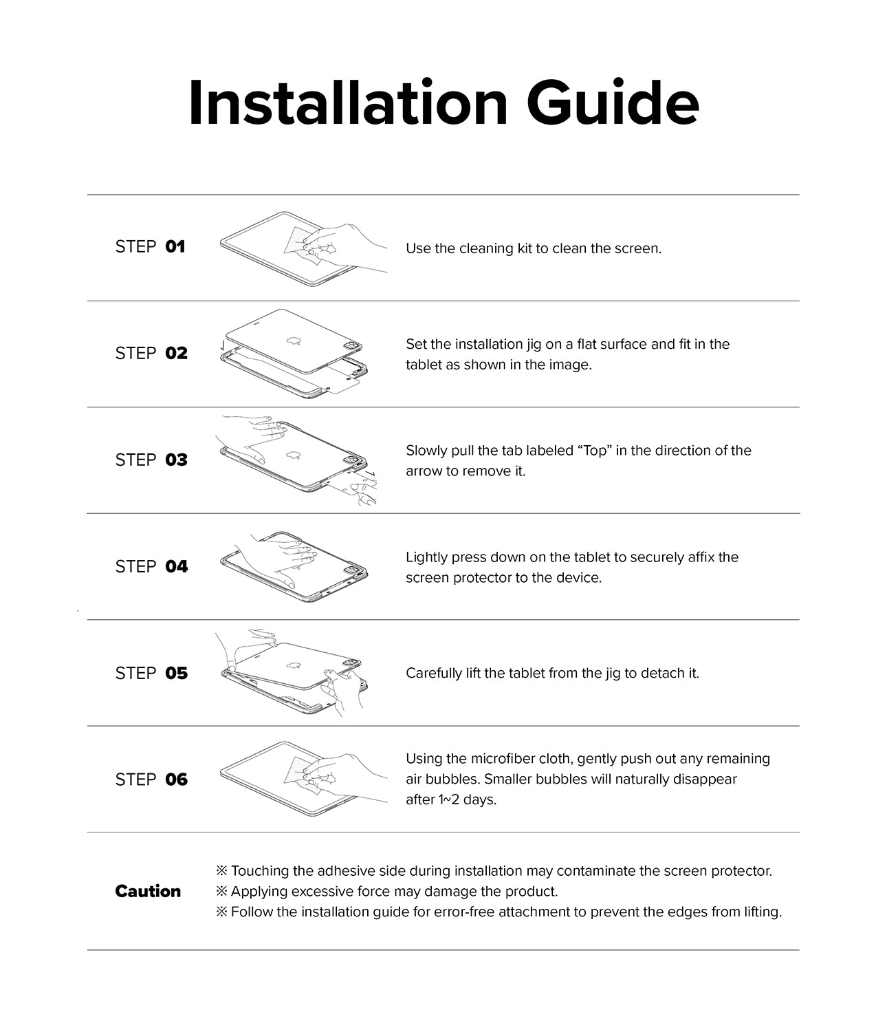 Easy Slide Tempered Glass | iPad - Six-step illustrated guide showing how to install a screen protector on an iPad.