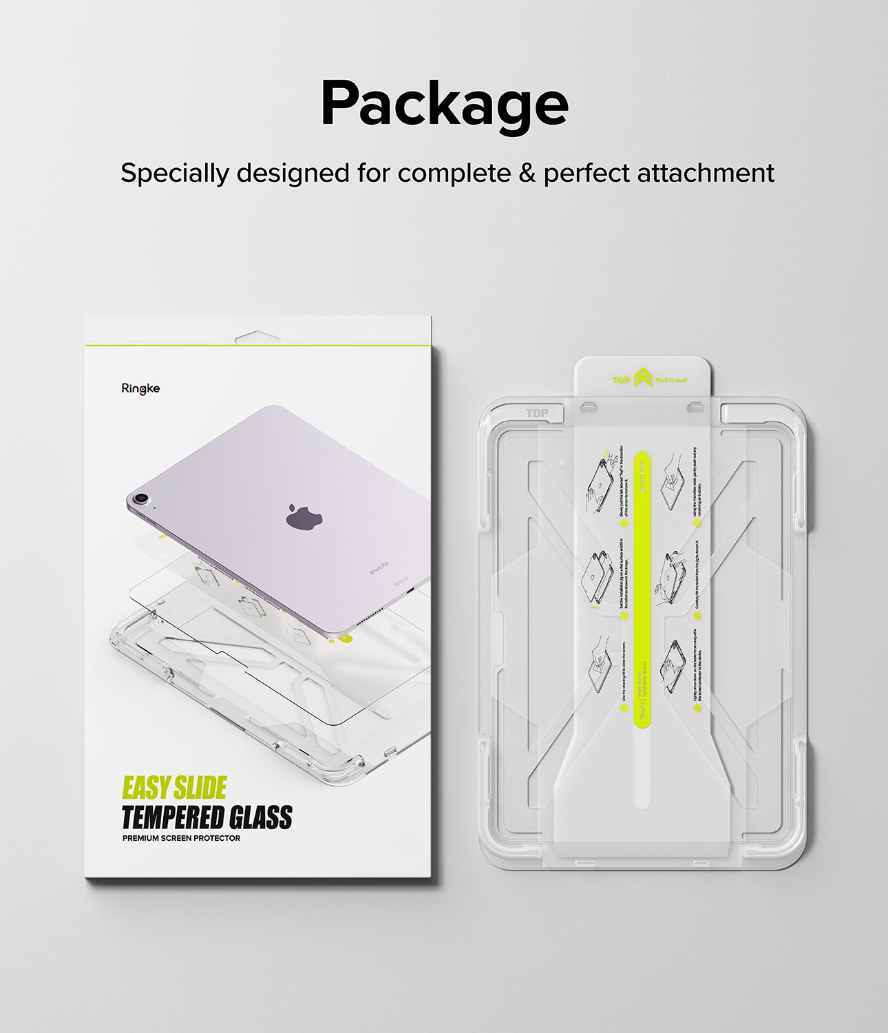 Easy Slide Tempered Glass | iPad - Packaging box next to an installation tray with instructional diagrams for an iPad.