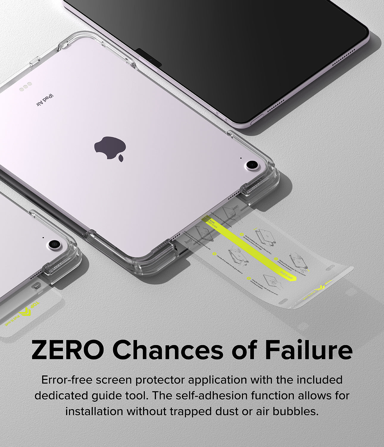Easy Slide Tempered Glass | iPad - iPad inside an installation guide tool with a pull-tab for applying a screen protector.