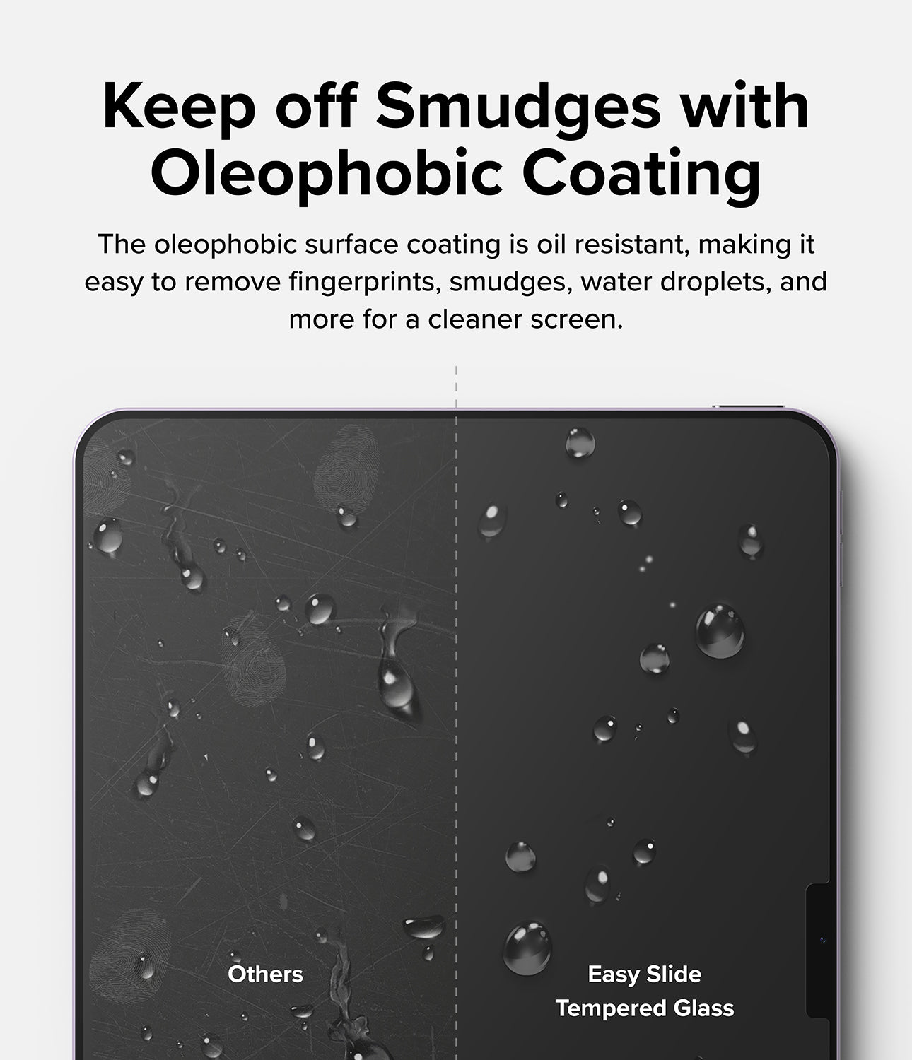 Easy Slide Tempered Glass | iPad - Easy Slide Tempered Glass - Split screen comparing smudged glass to clean, water-repellent Easy Slide Tempered Glass.