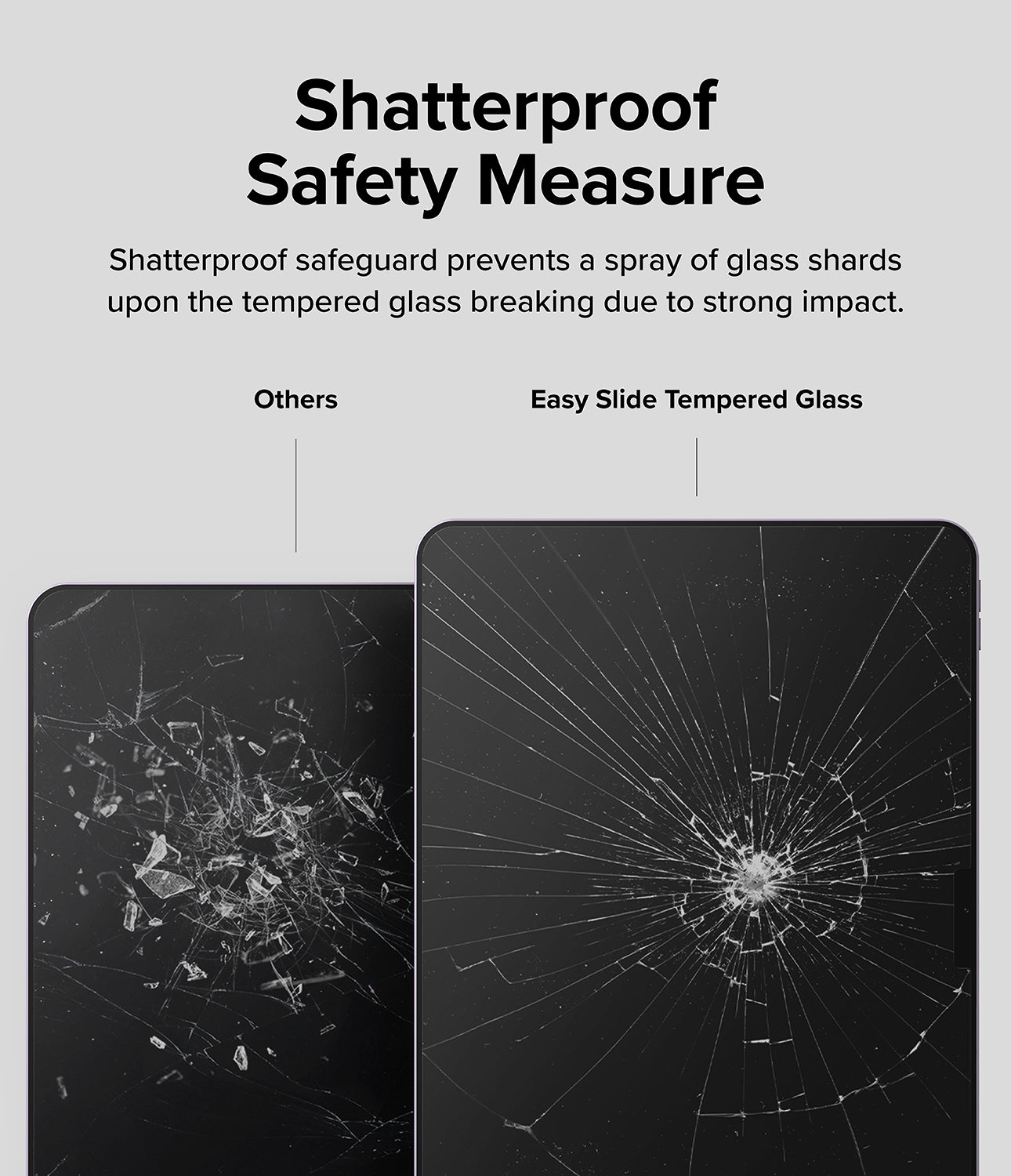 Easy Slide Tempered Glass | iPad - Comparison showing shattered standard glass with loose shards versus safe, intact Easy Slide glass.