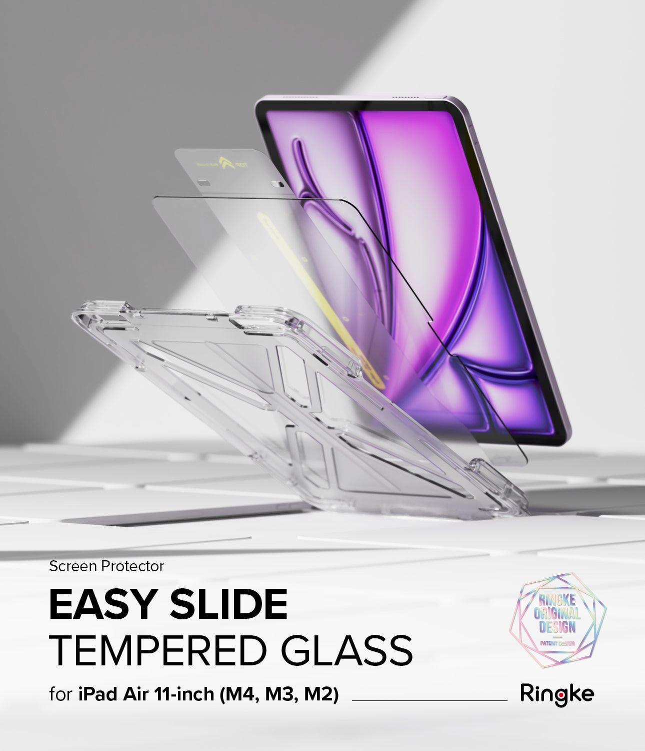 Easy Slide Tempered Glass | iPad - Exploded view of an iPad with a clear installation frame and glass screen protector.