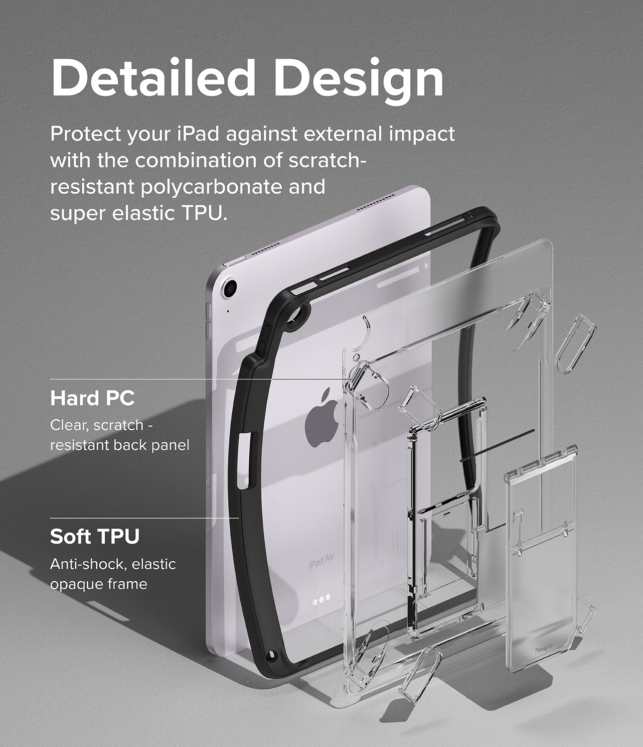 Fusion Sketch Stand | iPad - Exploded view of an iPad case showing a clear polycarbonate back and a black TPU frame.
