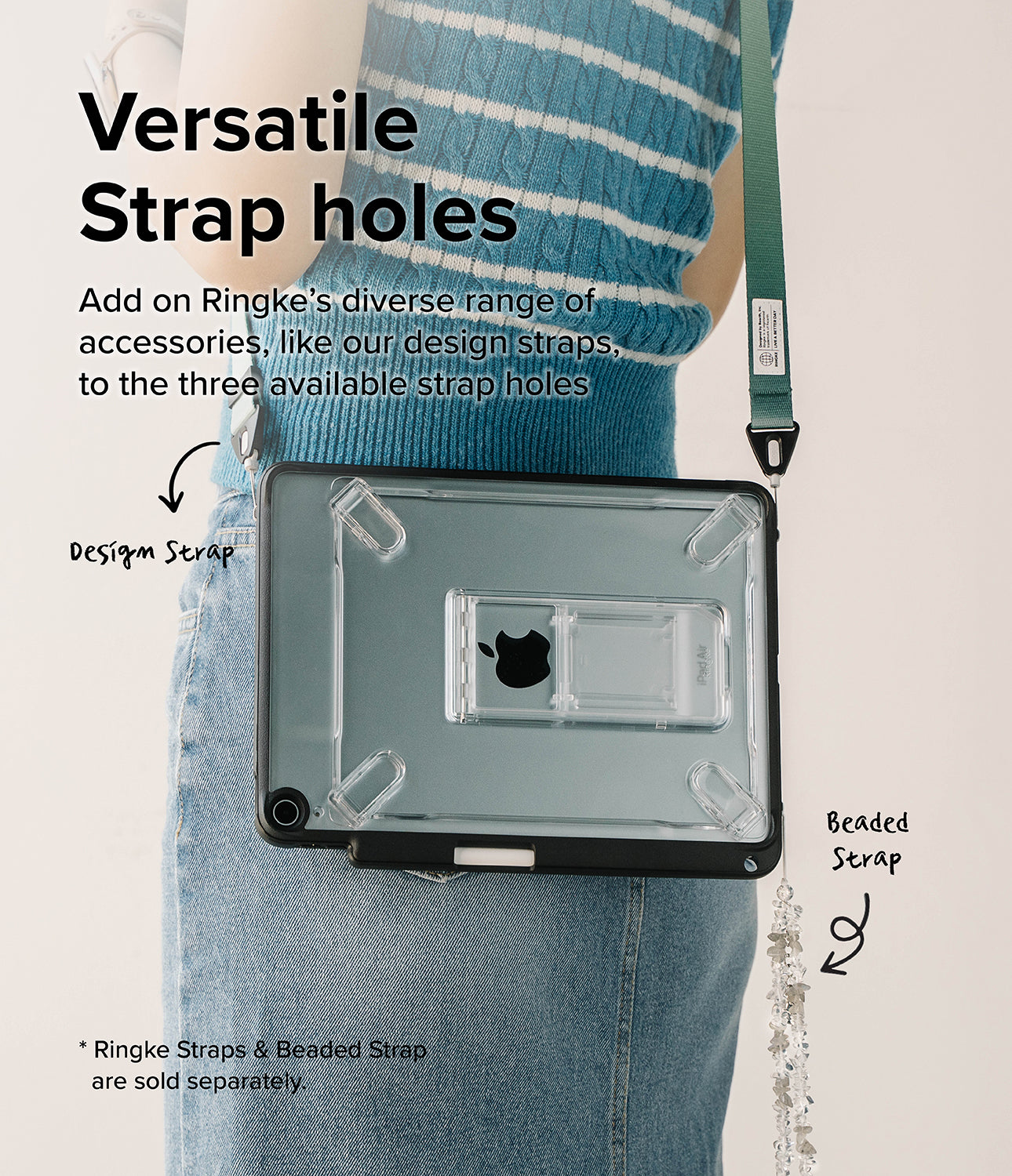 Fusion Sketch Stand | iPad - iPad in a clear case with strap holes worn as a crossbody bag with green and beaded straps.