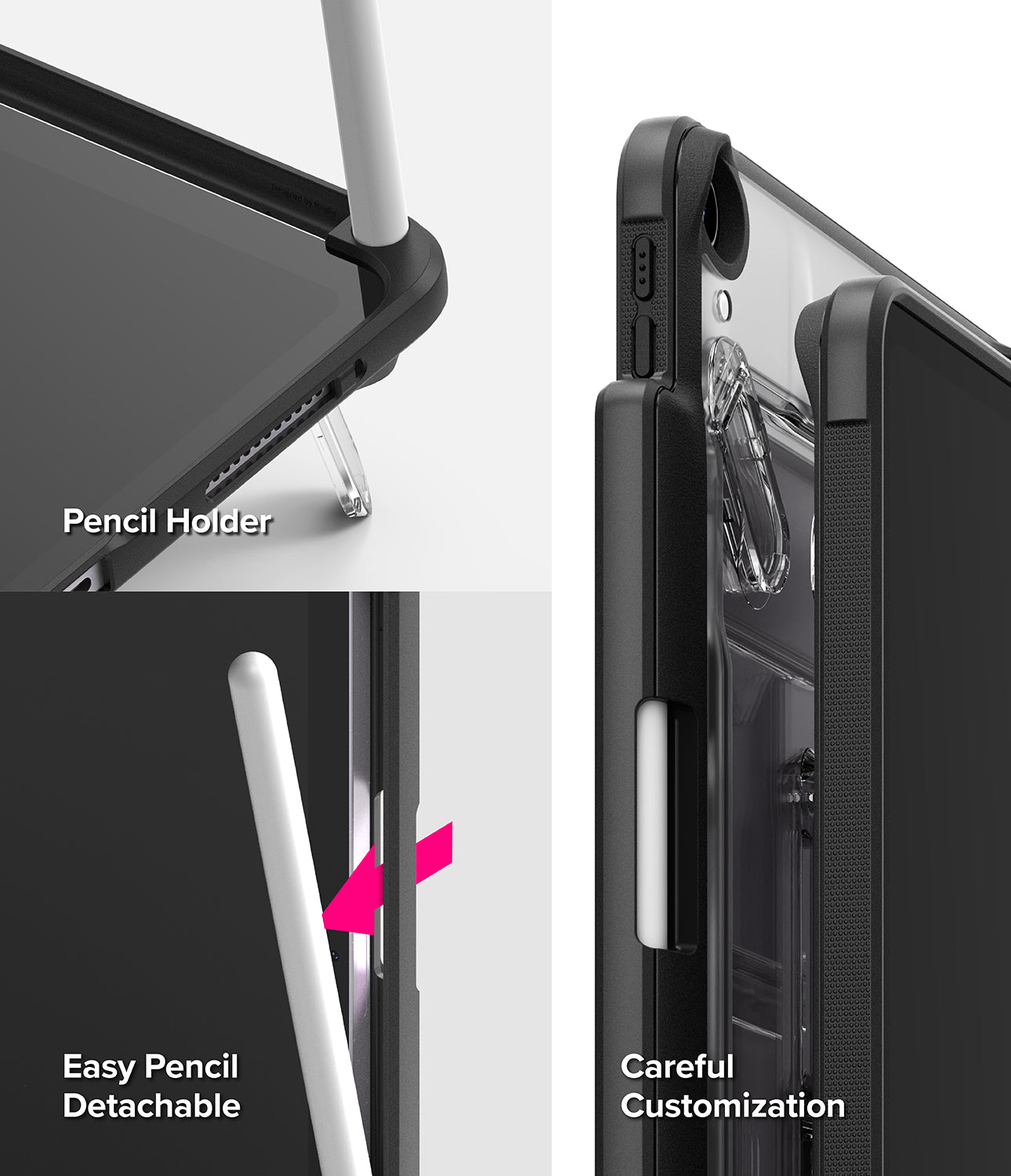 Fusion Sketch Stand | iPad - Three-panel view showing iPad case features: pencil holder, easy detachment, and precise fit.