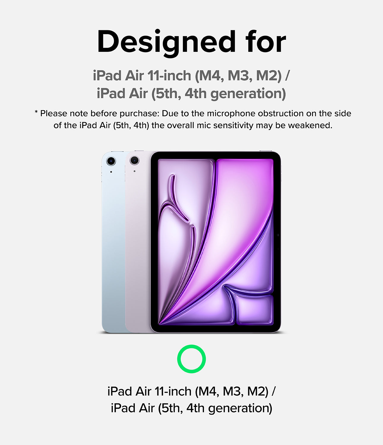 Fusion Sketch Stand | iPad - Compatibility list for iPad Air models with a note about potential microphone obstruction.