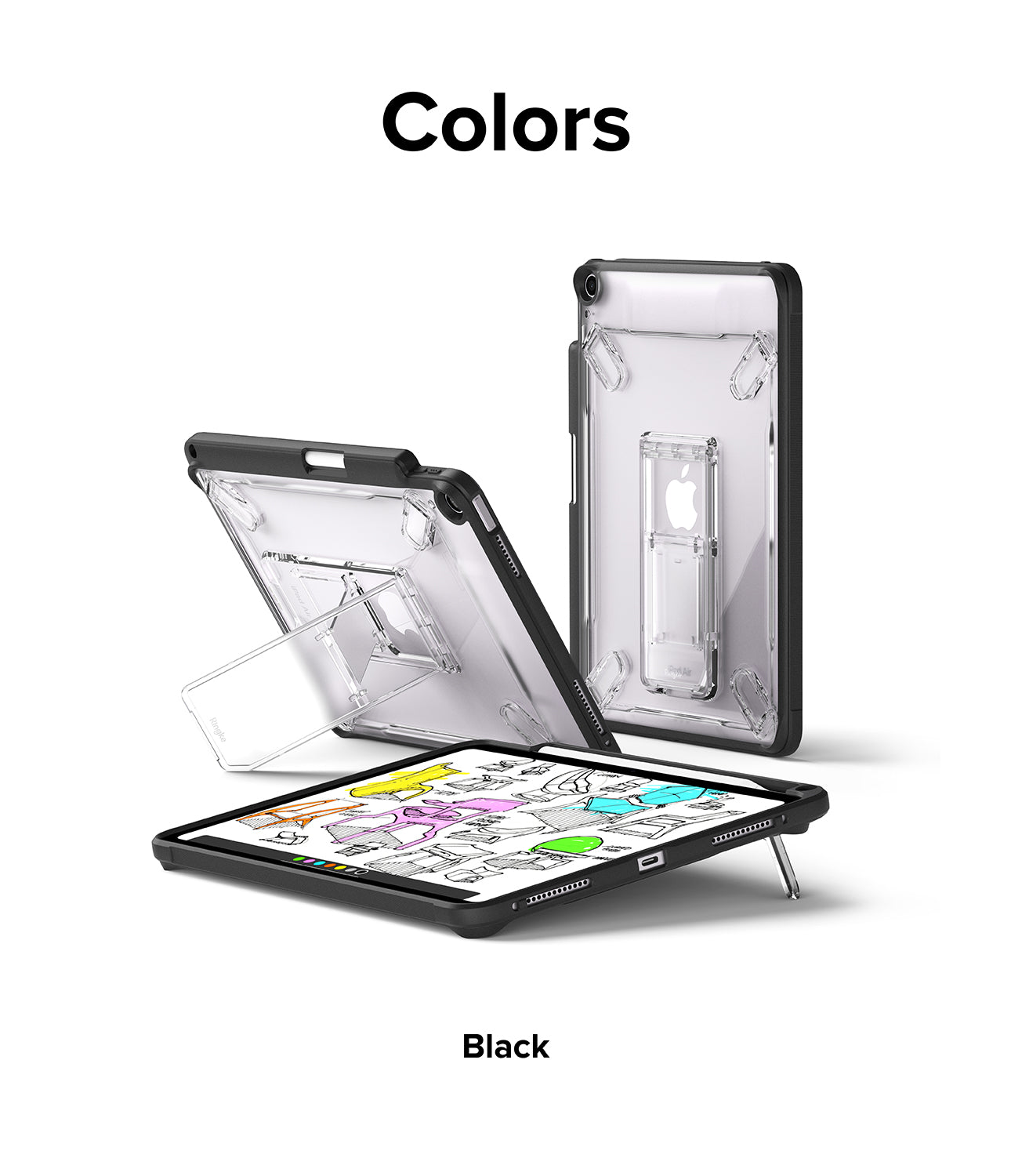 Fusion Sketch Stand | iPad - Black iPad case with clear back and integrated kickstand shown in upright and angled positions.