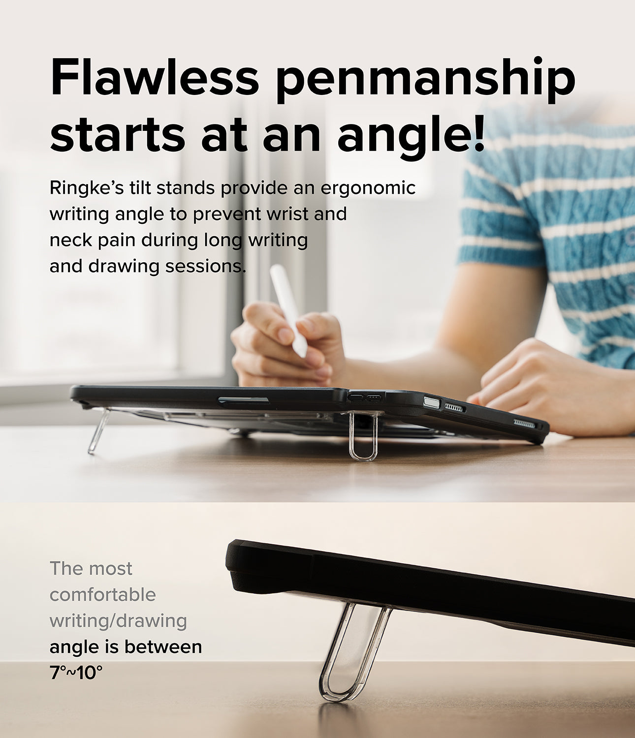 Fusion Sketch Stand | iPad - A person using a stylus on an iPad propped up at an ergonomic angle by a clear tilt stand.