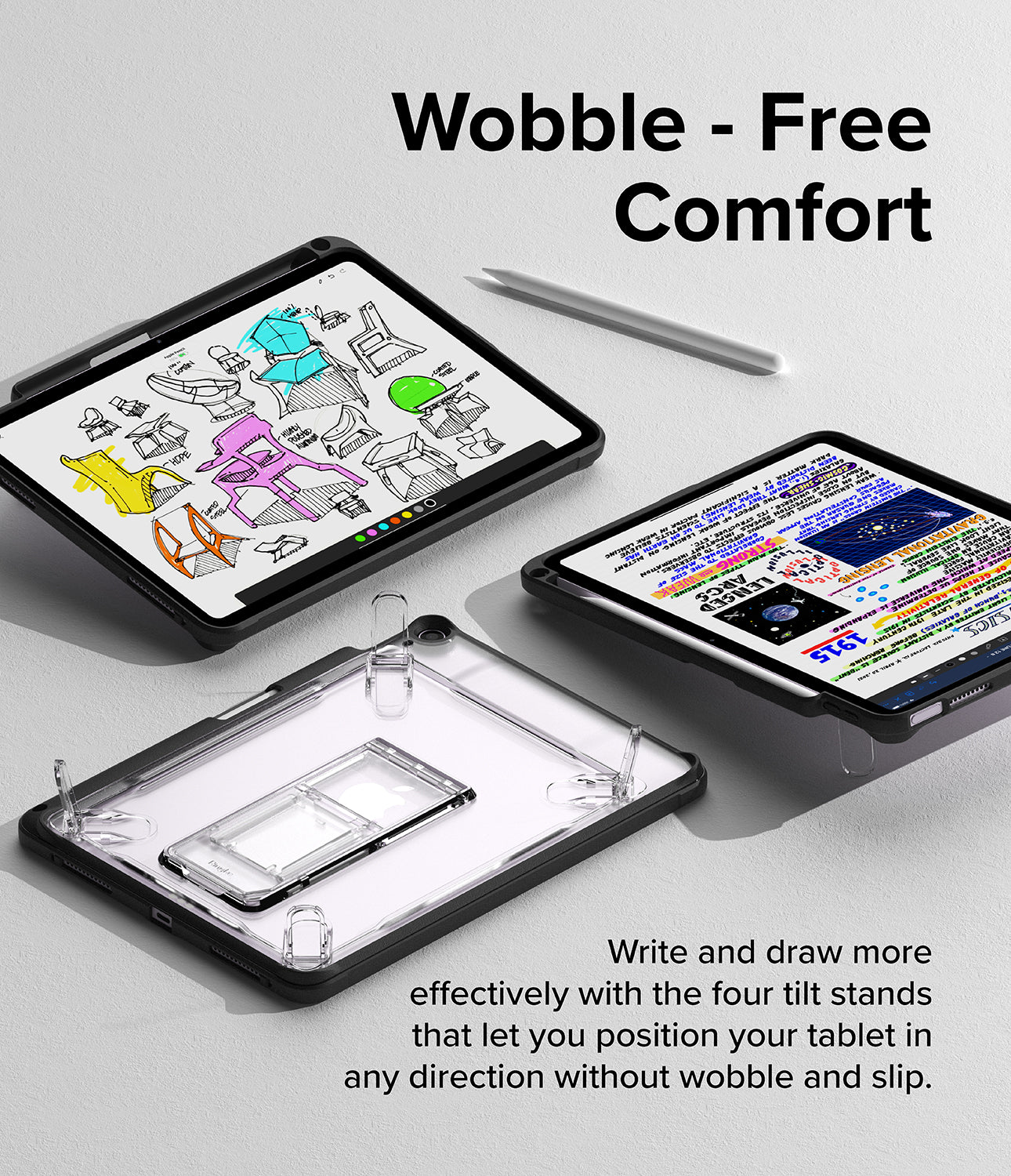 Fusion Sketch Stand | iPad - iPad in a protective case with a multi-angle kickstand, displaying sketches and text.