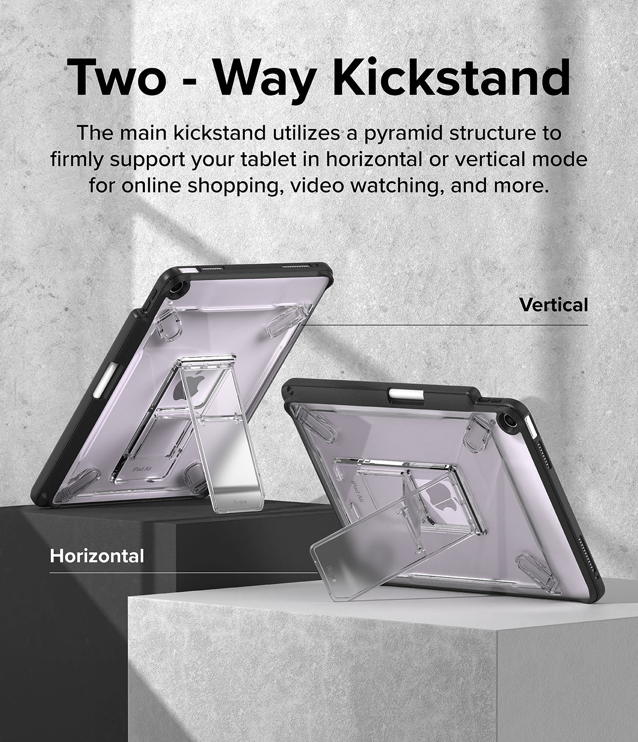 Fusion Sketch Stand | iPad - Two tablets in clear cases with pyramid kickstands shown in vertical and horizontal orientations.