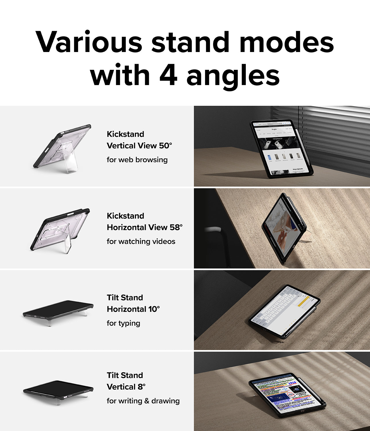 Fusion Sketch Stand | iPad - Four diagrams showing iPad stand angles for browsing, video, typing, and drawing.