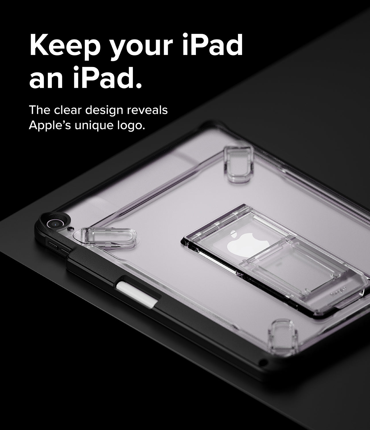 Fusion Sketch Stand | iPad - Clear iPad case with integrated kickstand showing the Apple logo on a black background.