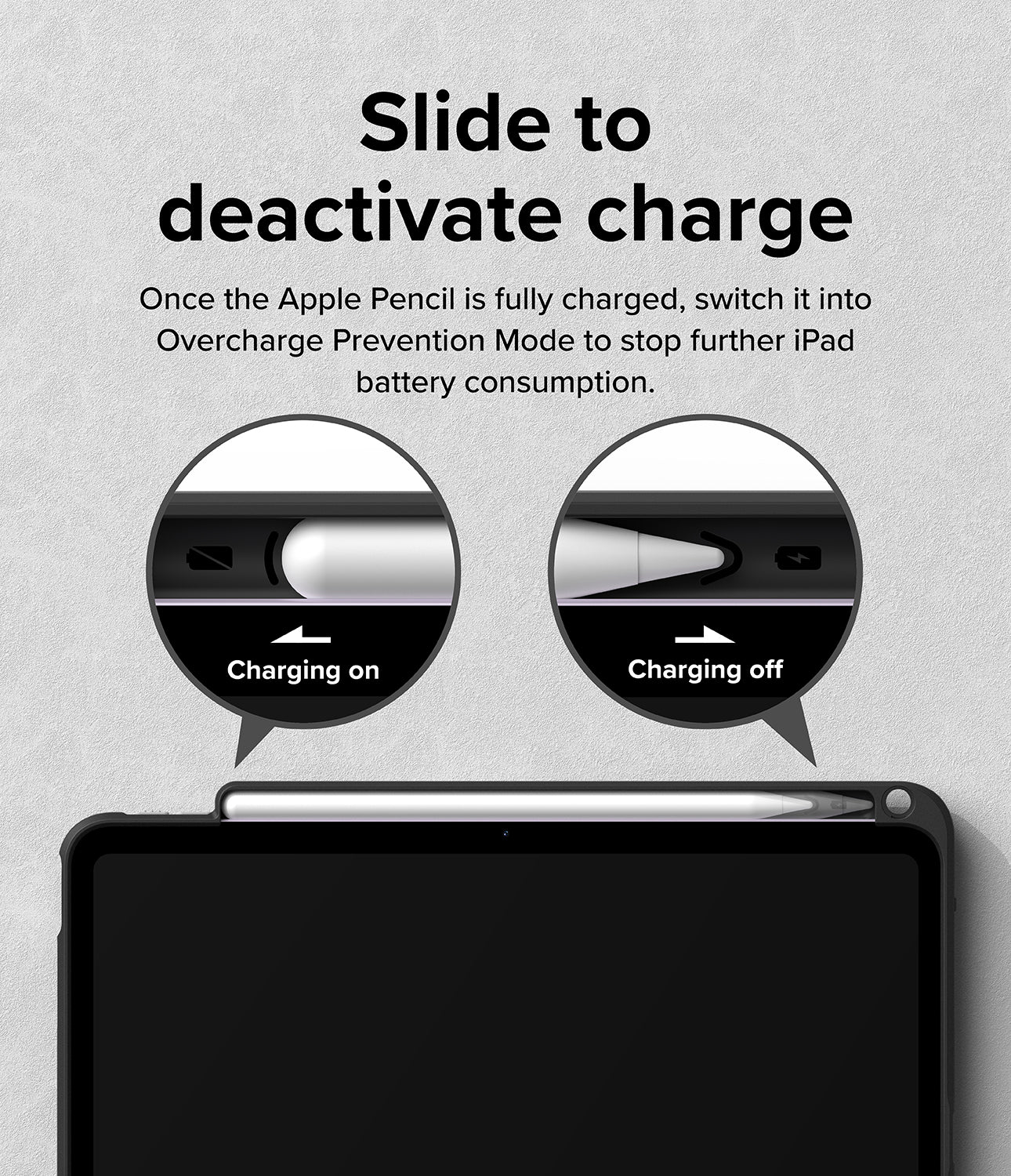 Fusion Sketch Stand | iPad - Diagram showing how to slide the Apple Pencil to toggle charging on or off on an iPad case.