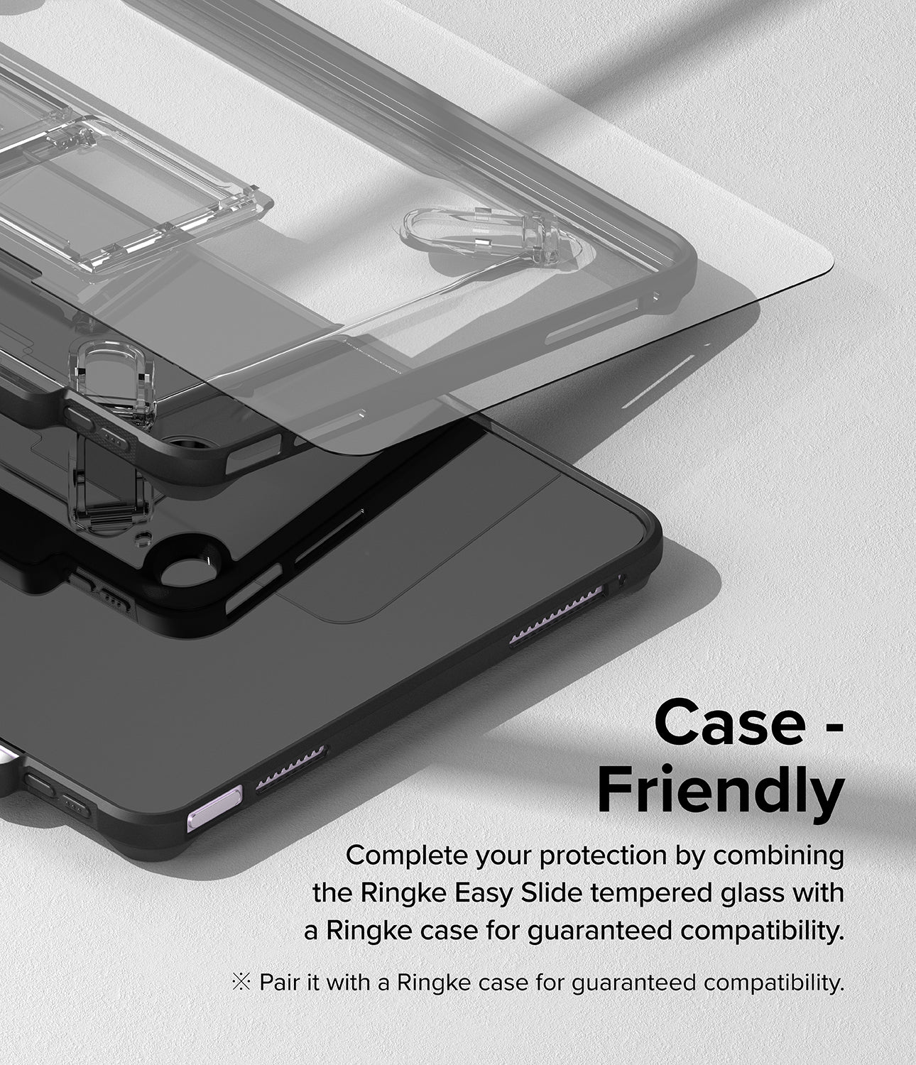 Easy Slide Tempered Glass | iPad - Layered view of a tablet, protective case, and screen protector showing compatibility.