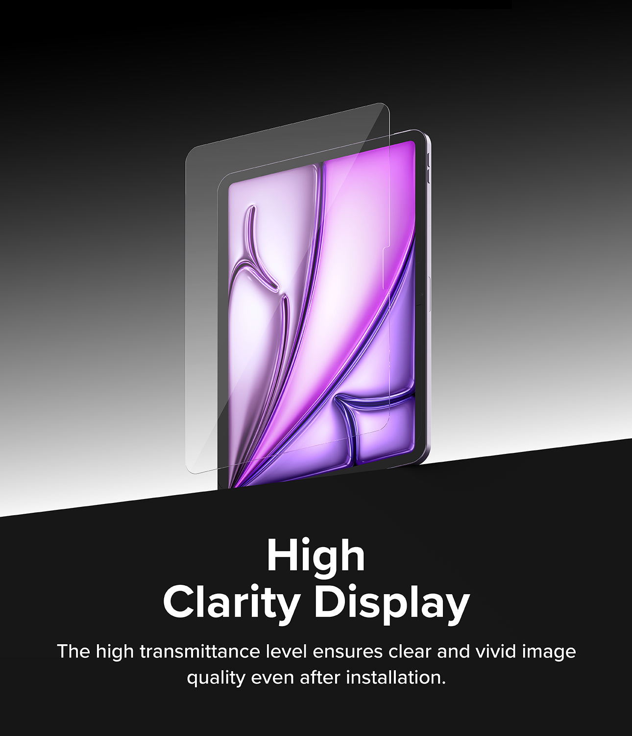 Easy Slide Tempered Glass | iPad - A clear screen protector hovering over an iPad displaying a vibrant purple abstract graphic.