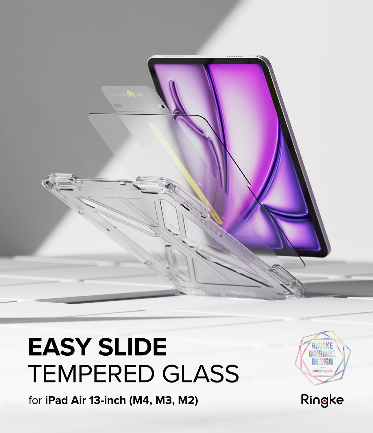 Easy Slide Tempered Glass | iPad - Exploded view of an iPad with a screen protector and alignment frame installation tool.