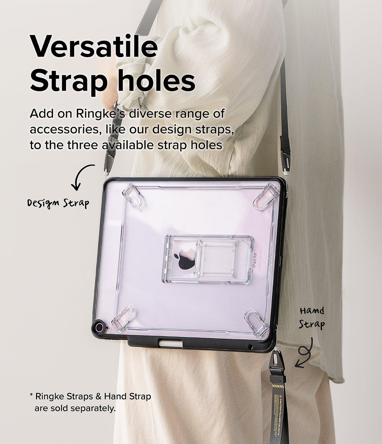 Fusion Sketch Stand | iPad - A person wears a clear iPad case with strap holes, showing a design strap and hand strap attached.
