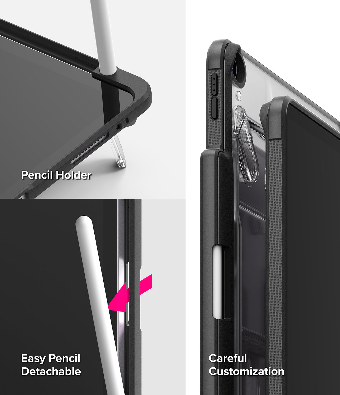 Fusion Sketch Stand | iPad - Three views showing a black iPad case with a pencil holder, easy detachment, and precise fit.