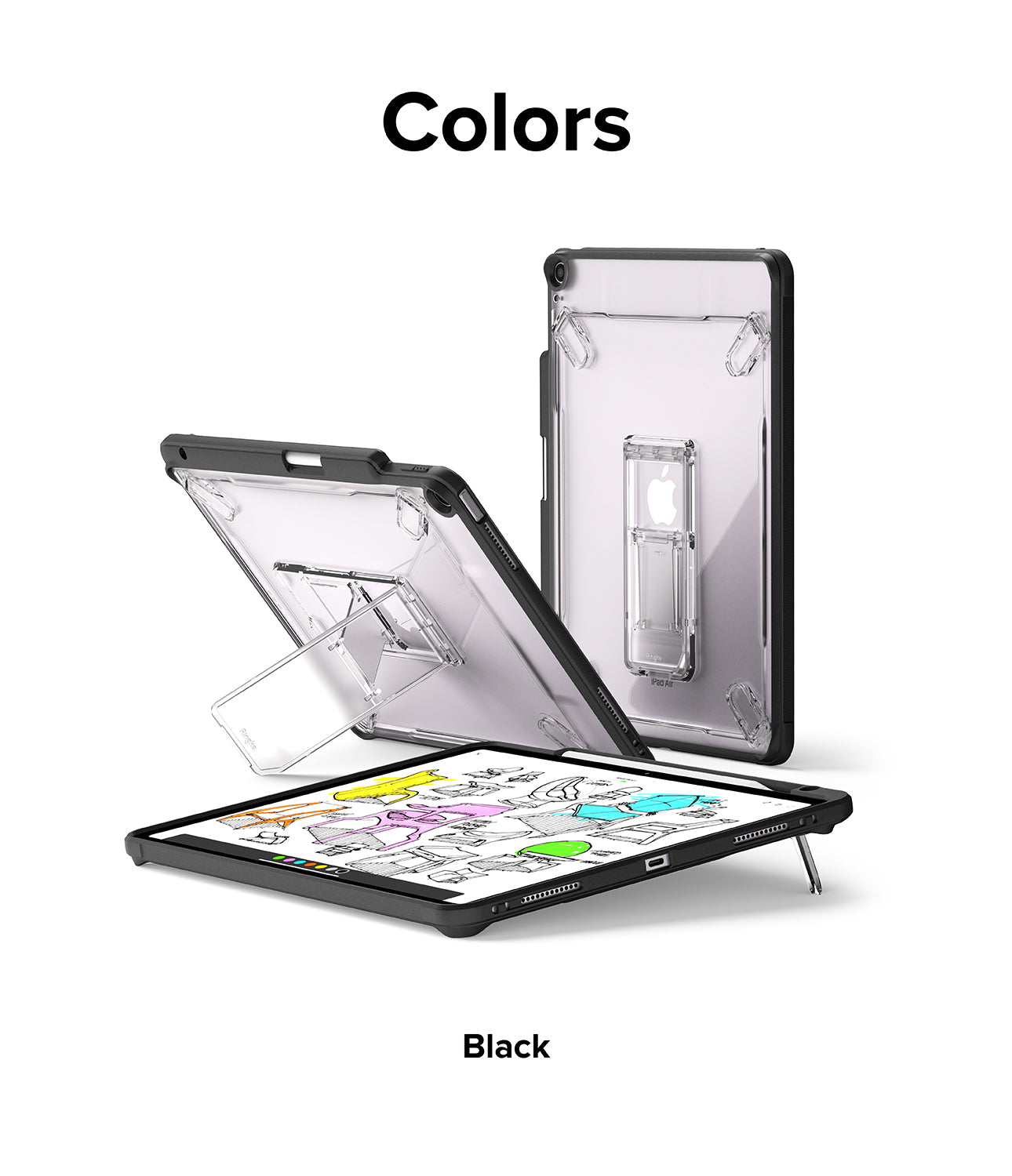 Fusion Sketch Stand | iPad - Black iPad case with clear back and integrated kickstand shown in multiple viewing angles.