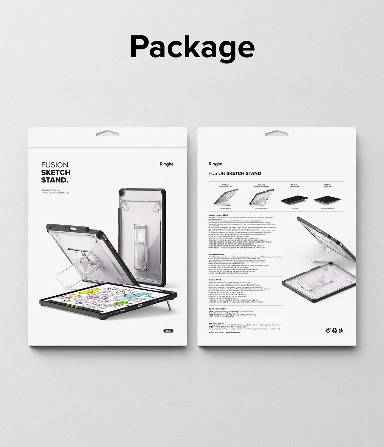Fusion Sketch Stand | iPad - Front and back view of retail packaging for a clear iPad case with an integrated kickstand.