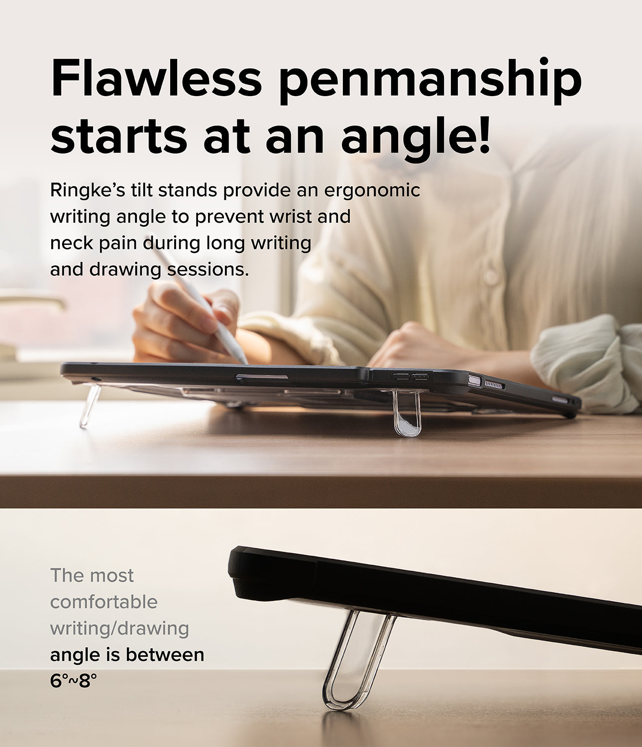 Fusion Sketch Stand | iPad - Person using a stylus on an iPad propped up by a clear, ergonomic tilt stand on a desk.