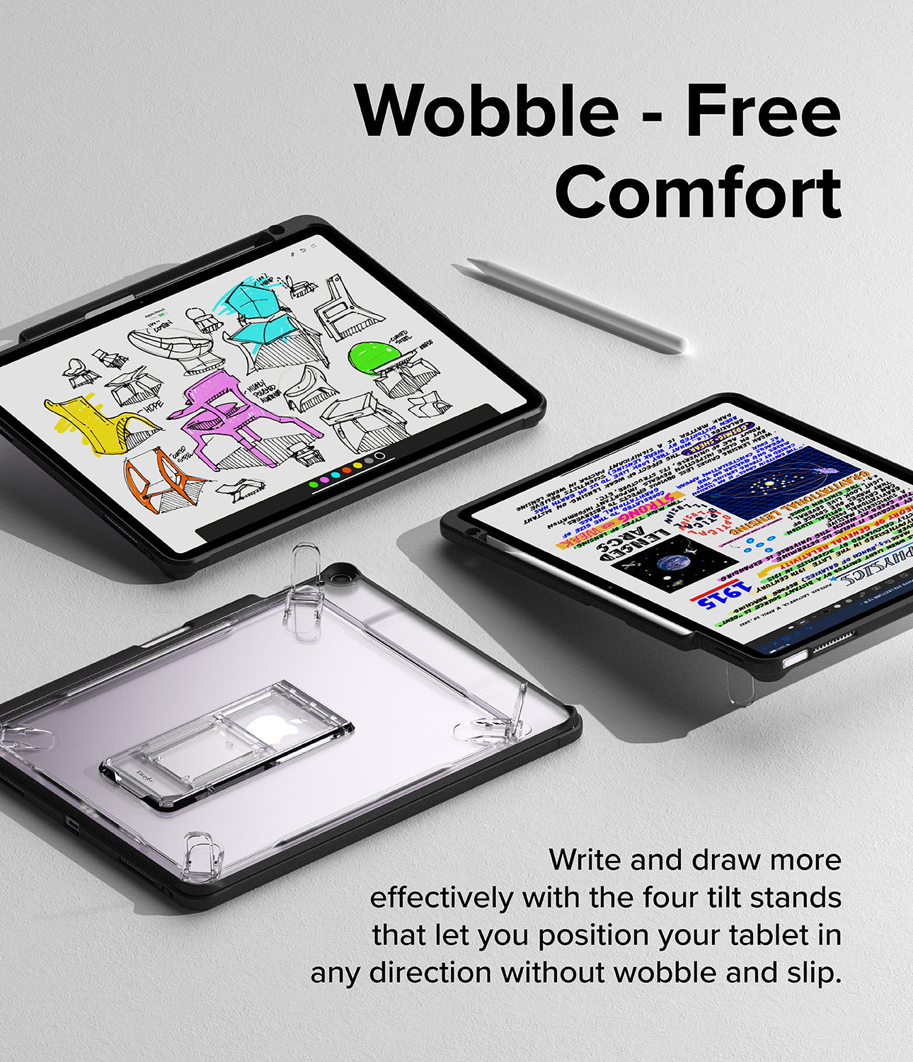 Fusion Sketch Stand | iPad - Three iPads in clear cases with integrated kickstands displayed at various angles on a desk.