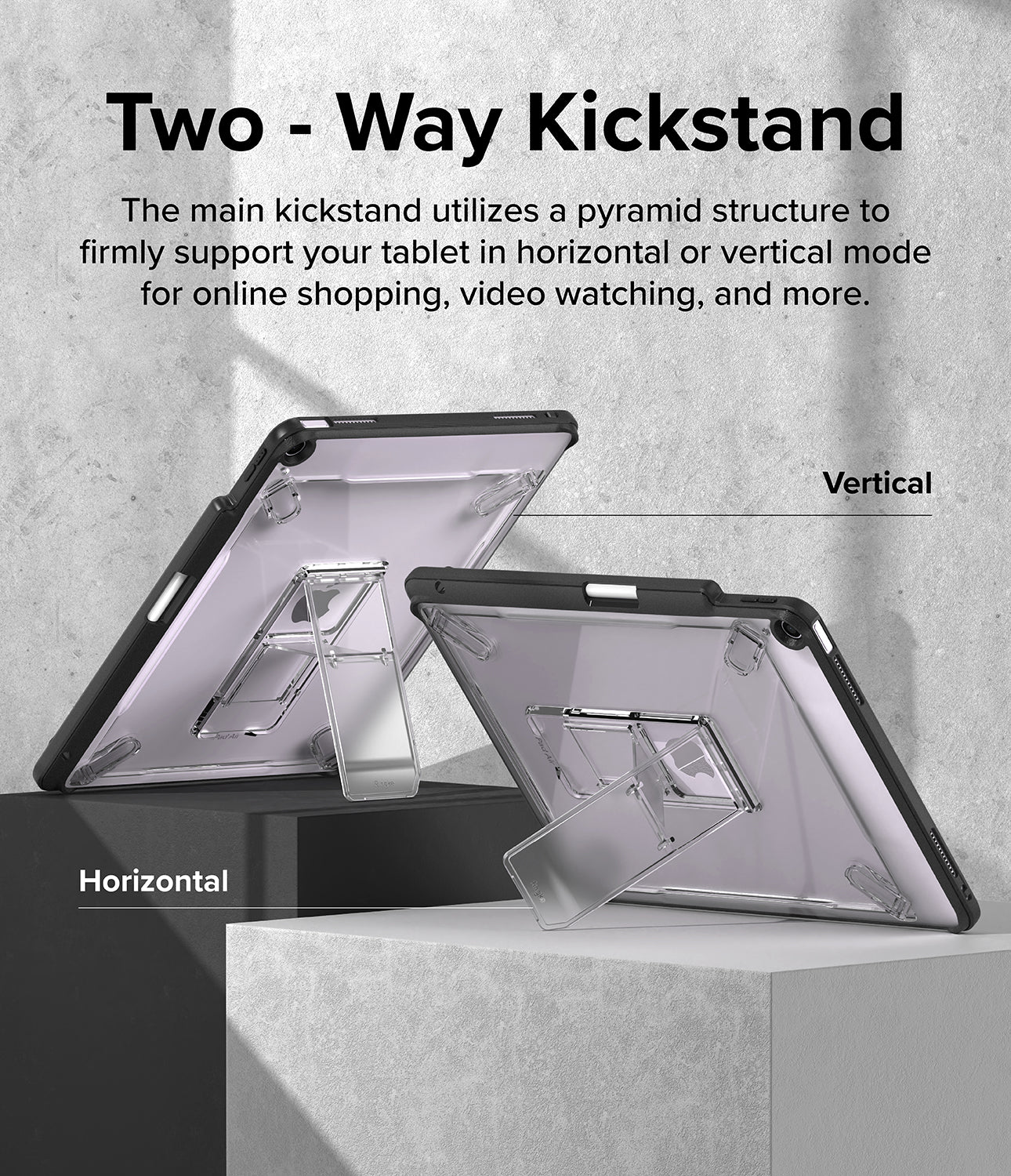 Fusion Sketch Stand | iPad - Two tablets in clear cases with pyramid kickstands displayed in vertical and horizontal orientations.